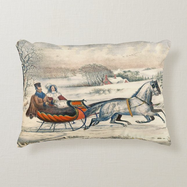 Classic 1853 Sleigh Ride Currier Ives Road Winter Accent Pillow (Front)