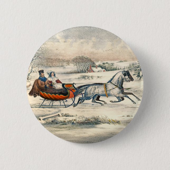 Classic 1853 Sleigh Ride Currier Ives Road Winter Button (Front)