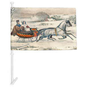 Classic 1853 Sleigh Ride Currier Ives Road Winter Car Flag