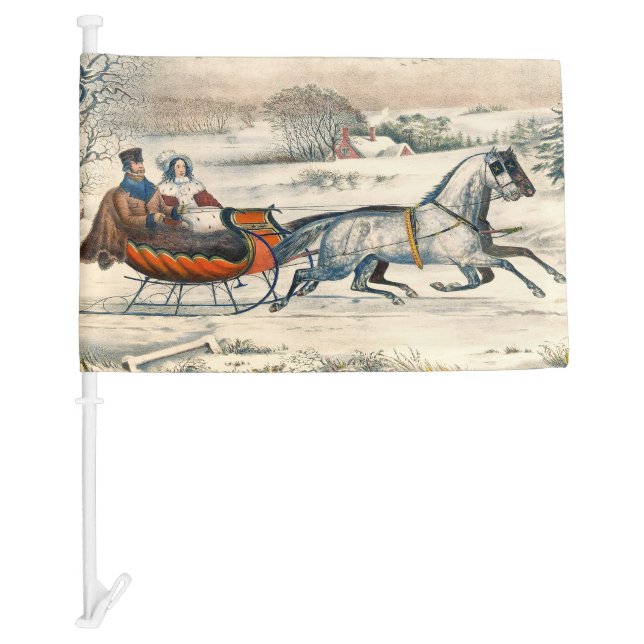 Classic 1853 Sleigh Ride Currier Ives Road Winter Car Flag (Front)