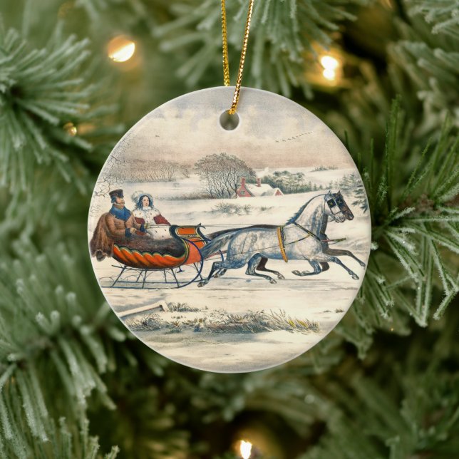 Classic 1853 Sleigh Ride Currier Ives Road Winter Ceramic Ornament (Tree)