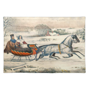 Classic 1853 Sleigh Ride Currier Ives Road Winter Cloth Placemat