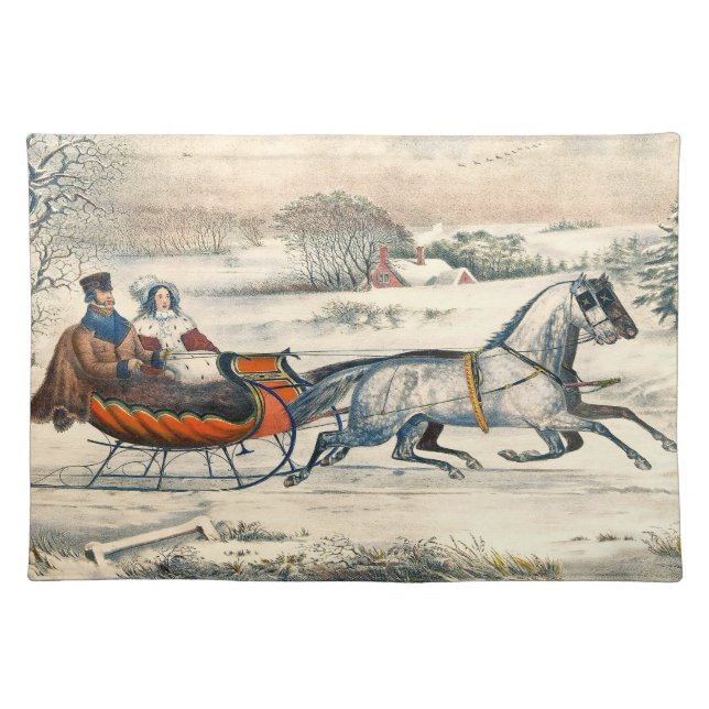 Classic 1853 Sleigh Ride Currier Ives Road Winter Cloth Placemat (Front)