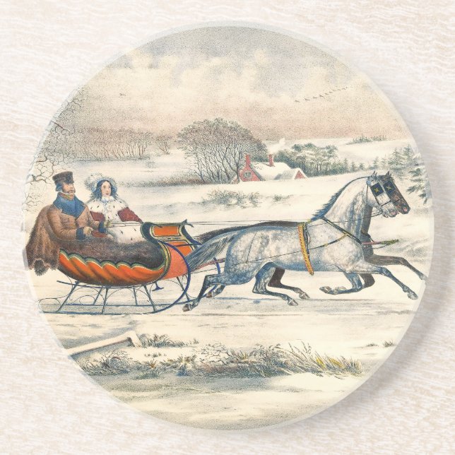 Classic 1853 Sleigh Ride Currier Ives Road Winter Coaster (Front)