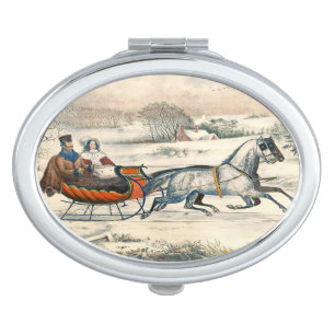 Classic 1853 Sleigh Ride Currier Ives Road Winter Compact Mirror