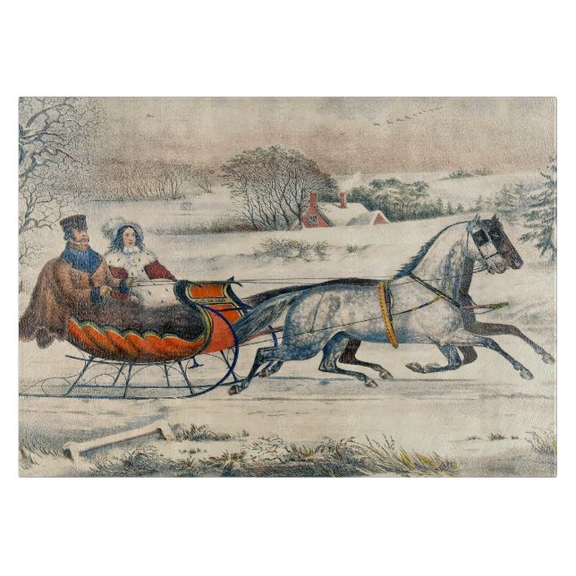 Classic 1853 Sleigh Ride Currier Ives Road Winter Cutting Board (Front)