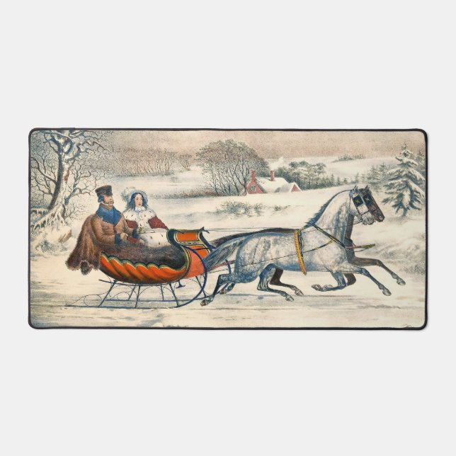 Classic 1853 Sleigh Ride Currier Ives Road Winter Desk Mat (Front)