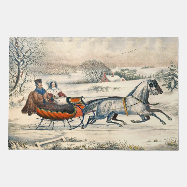 Classic 1853 Sleigh Ride Currier Ives Road Winter Doormat (Front)