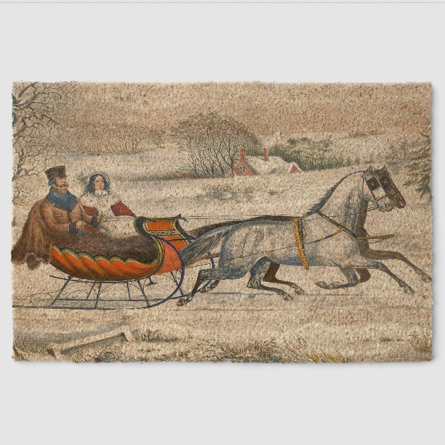 Classic 1853 Sleigh Ride Currier Ives Road Winter Fiber Doormat (Front)