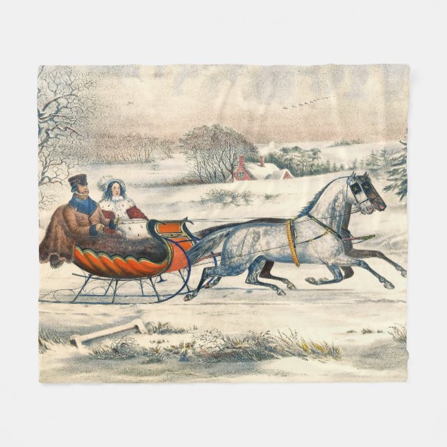 Classic 1853 Sleigh Ride Currier Ives Road Winter Fleece Blanket (Front (Horizontal))