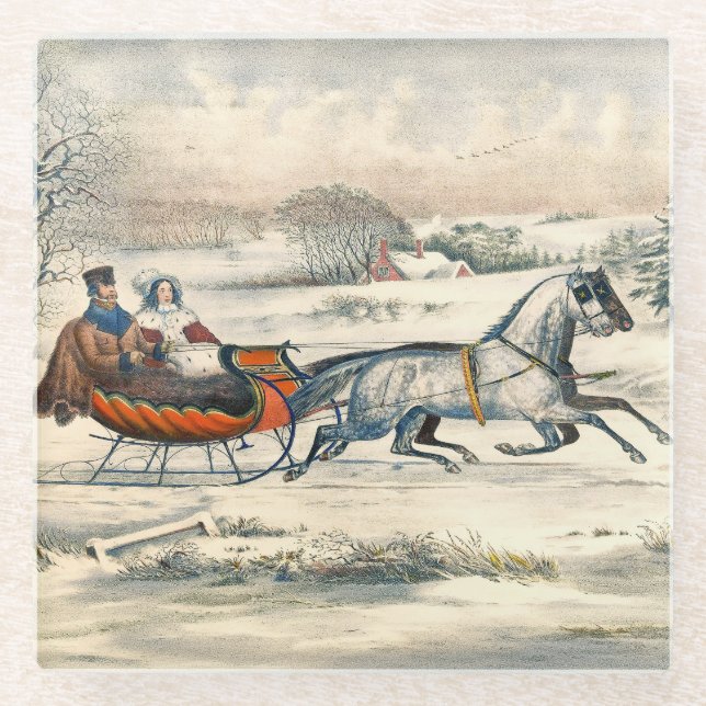 Classic 1853 Sleigh Ride Currier Ives Road Winter Glass Coaster (Front)