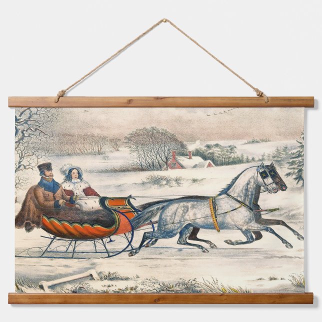 Classic 1853 Sleigh Ride Currier Ives Road Winter Hanging Tapestry (Front)