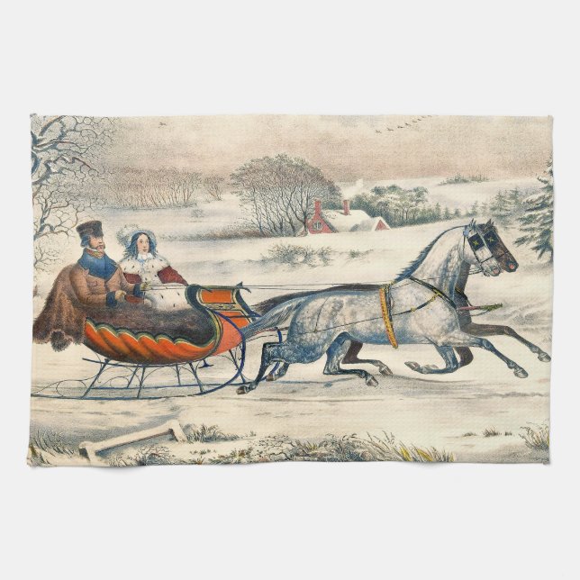 Classic 1853 Sleigh Ride Currier Ives Road Winter Kitchen Towel (Horizontal)