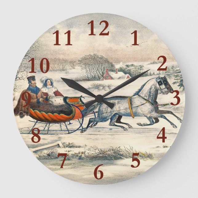 Classic 1853 Sleigh Ride Currier Ives Road Winter Large Clock (Front)