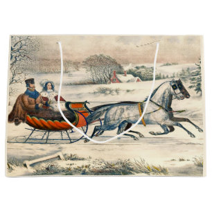 Classic 1853 Sleigh Ride Currier Ives Road Winter Large Gift Bag
