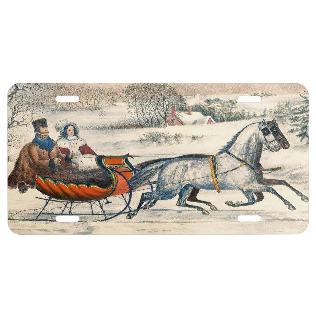 Classic 1853 Sleigh Ride Currier Ives Road Winter License Plate (Front)
