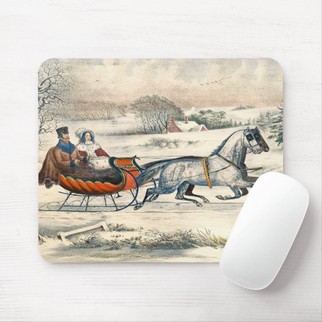 Classic 1853 Sleigh Ride Currier Ives Road Winter Mouse Pad (With Mouse)