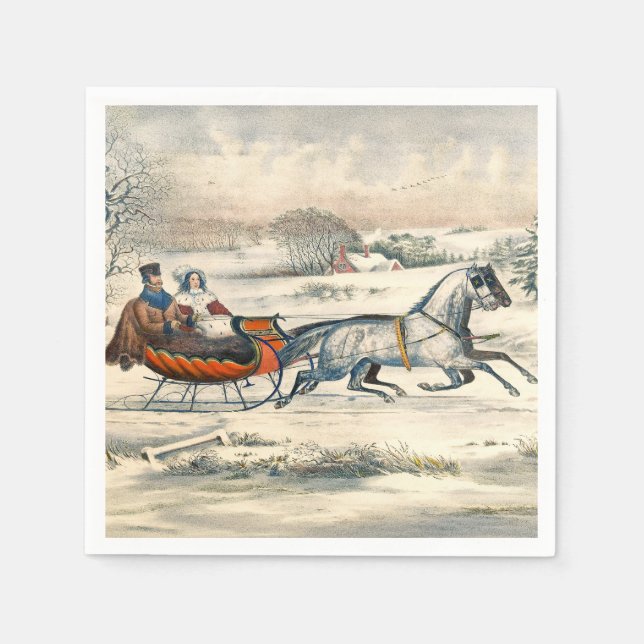 Classic 1853 Sleigh Ride Currier Ives Road Winter Napkins (Front)