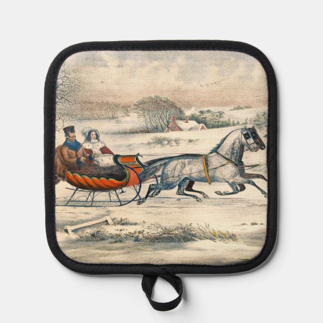 Classic 1853 Sleigh Ride Currier Ives Road Winter Pot Holder (Front)