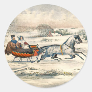 Classic 1853 Sleigh Ride Currier Ives Road Winter Round Sticker