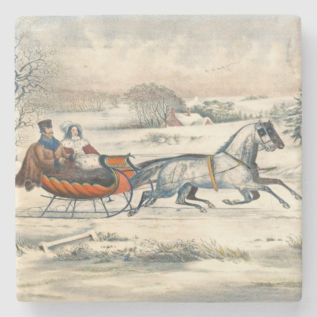 Classic 1853 Sleigh Ride Currier Ives Road Winter Stone Coaster (Front)