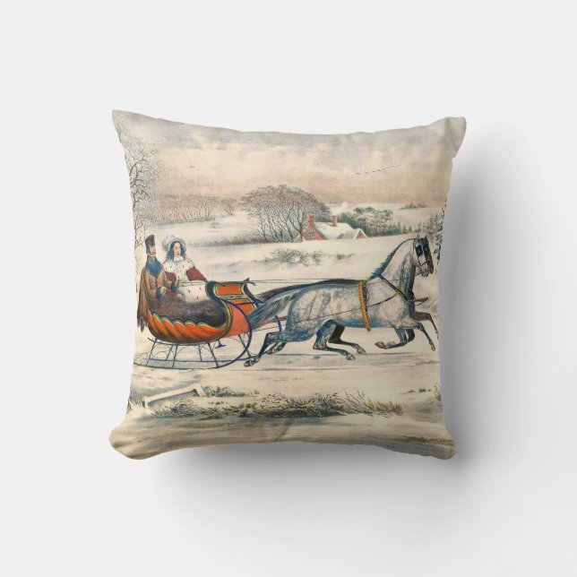 Classic 1853 Sleigh Ride Currier Ives Road Winter Throw Pillow (Front)