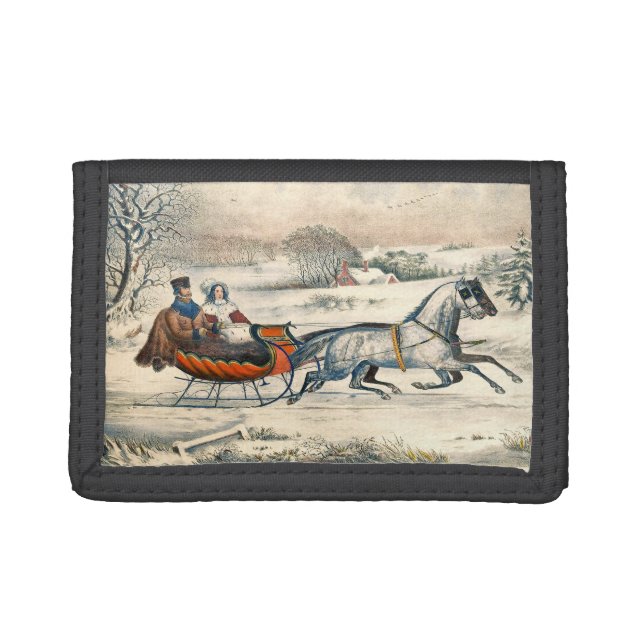 Classic 1853 Sleigh Ride Currier Ives Road Winter Trifold Wallet (Front)
