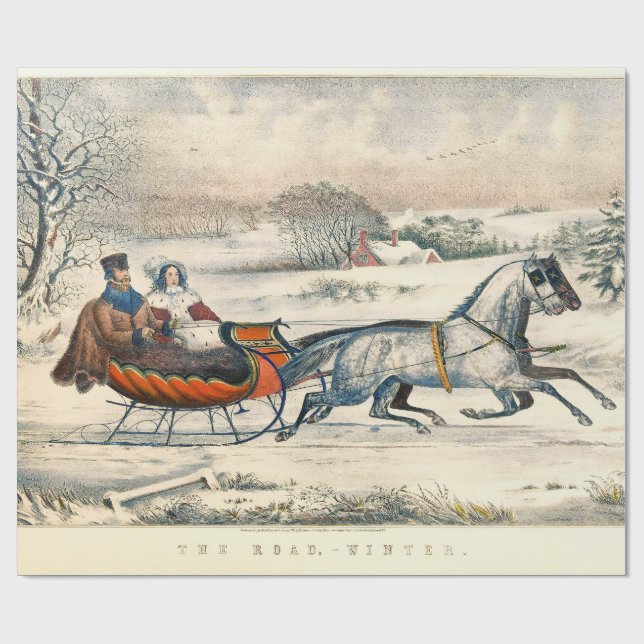 Classic 1853 Sleigh Ride Currier Ives Road Winter Wrapping Paper (Flat)