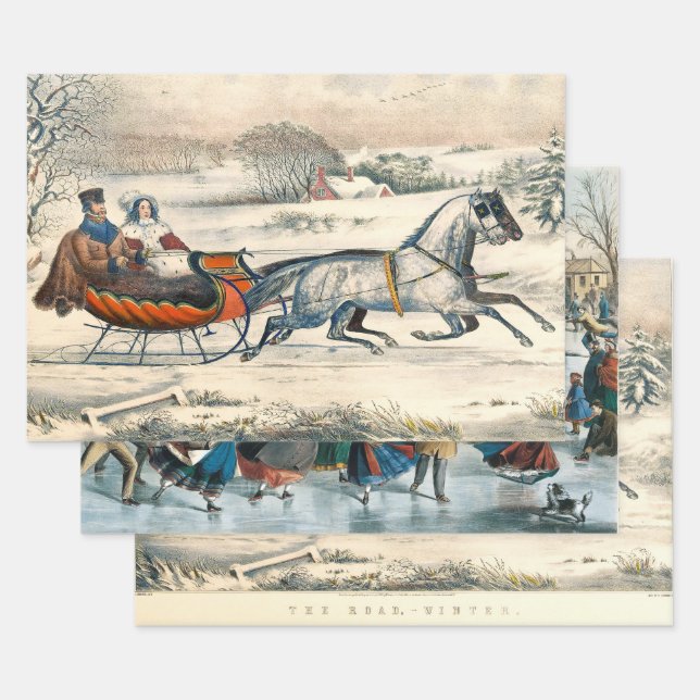 Classic 1853 Sleigh Ride Currier Ives Road Winter Wrapping Paper Sheets (Set)