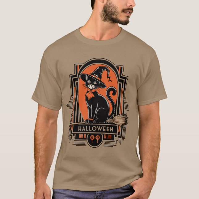 Classic 1920s Halloween Black Cat Witch T-Shirt (Front)