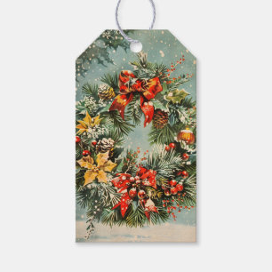 Classic 1950s Christmas Wreath with Ribbons Gift Tags