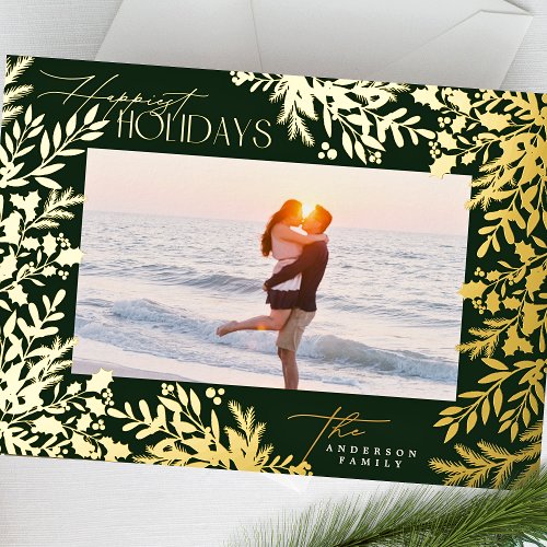 Classic 1 Frame Photo Botanical Christmas Gold Foil Holiday Card