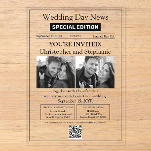 Classic 2 Black and White Photos Newspaper Wedding Acrylic Invitations