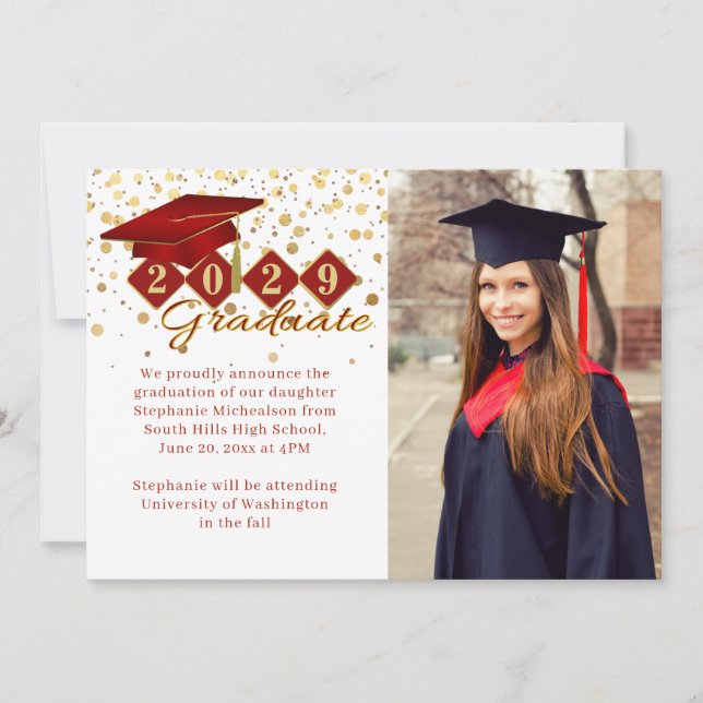 Classic 2 Photo Graduation Red and Gold Announcement (Front)