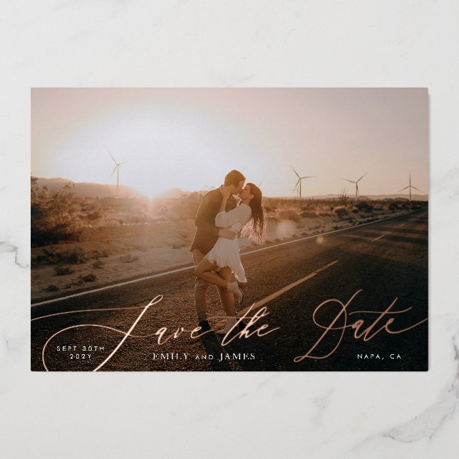 Classic 2 Photo Wedding Save The Date Rose Gold Foil Invitation (Front)