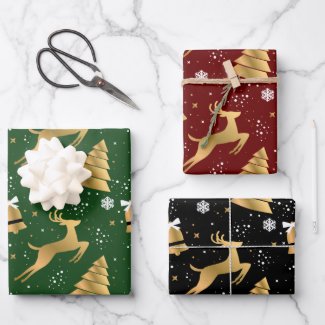 Classic 3 Color Gold Christmas Reindeer Pattern 