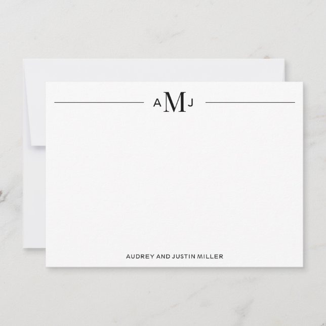 Classic 3-Letter Monogram, Black Personalized Flat Note Card (Front)