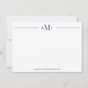 Classic 3-Letter Monogram, Blue Personalized Flat Note Card