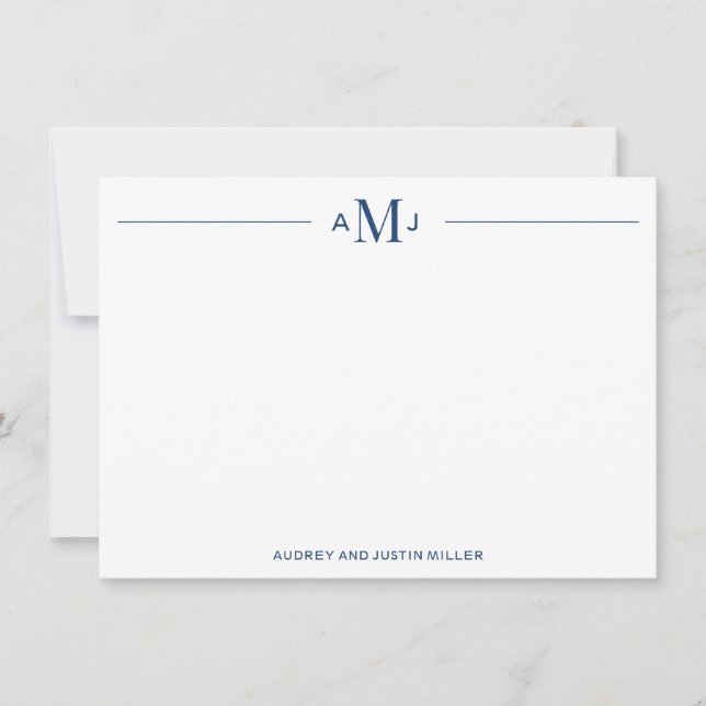 Classic 3-Letter Monogram, Blue Personalized Flat Note Card (Front)