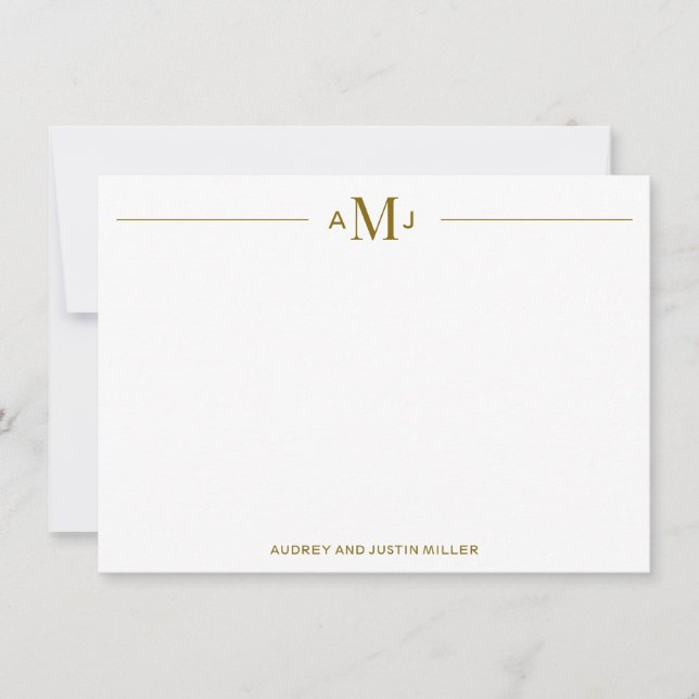 Classic 3-Letter Monogram, Gold Personalized Flat Note Card (Front)