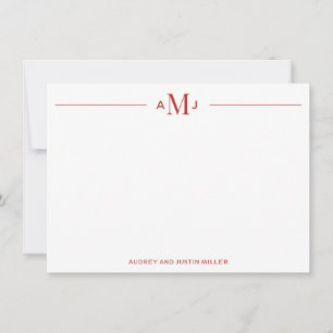 Classic 3-Letter Monogram, Red Personalized Flat Note Card