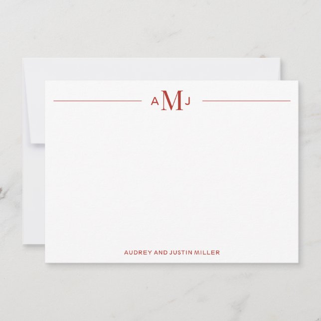 Classic 3-Letter Monogram, Red Personalized Flat Note Card (Front)