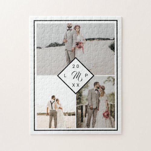 Classic 3 photo grid collage wedding monogrammed jigsaw puzzle