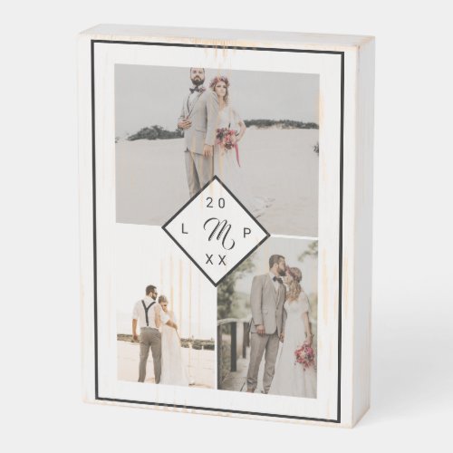 Classic 3 photo grid collage wedding monogrammed wooden box sign