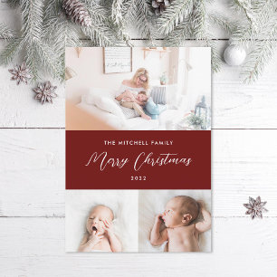 Classic 3 Photo Snowflakes in Burgundy christmas Holiday Card