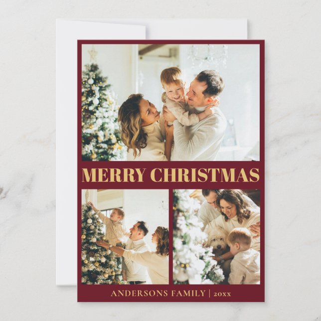 Classic 3 Photo Typography Merry Christmas Holiday Card (Front)
