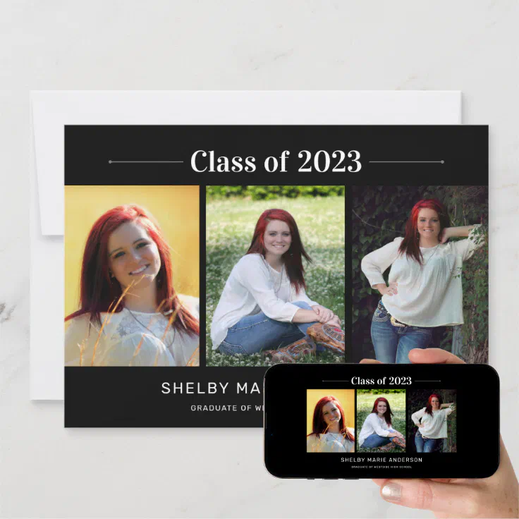Classic 3 Photos Black Background Graduation Party Invitation Zazzle