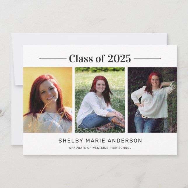 Classic 3 Photos White Graduation Party Invitation (Front)