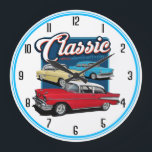 Classic 50's Cars Large Clock<br><div class="desc">This is a rendering of classic cars created using chalks and markers with the background digitally added.</div>