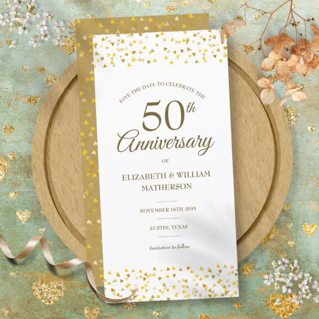 Classic 50th Wedding Anniversary Gold Hearts Save The Date | Zazzle